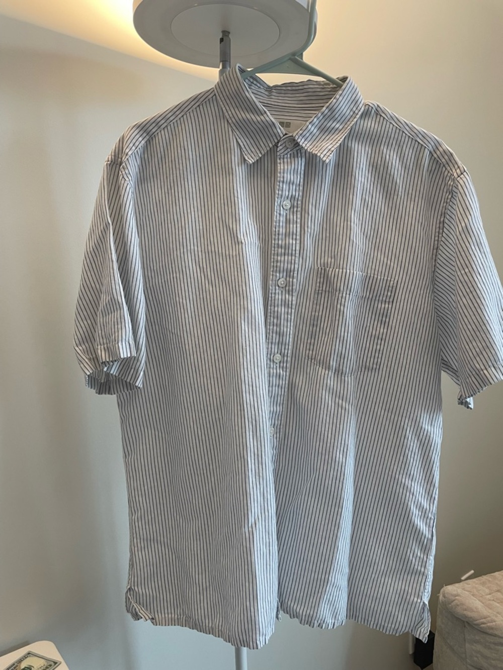 Uniqlo Men's Short-Sleeve Button-Down Shirt - White with Blue Pinstripes
